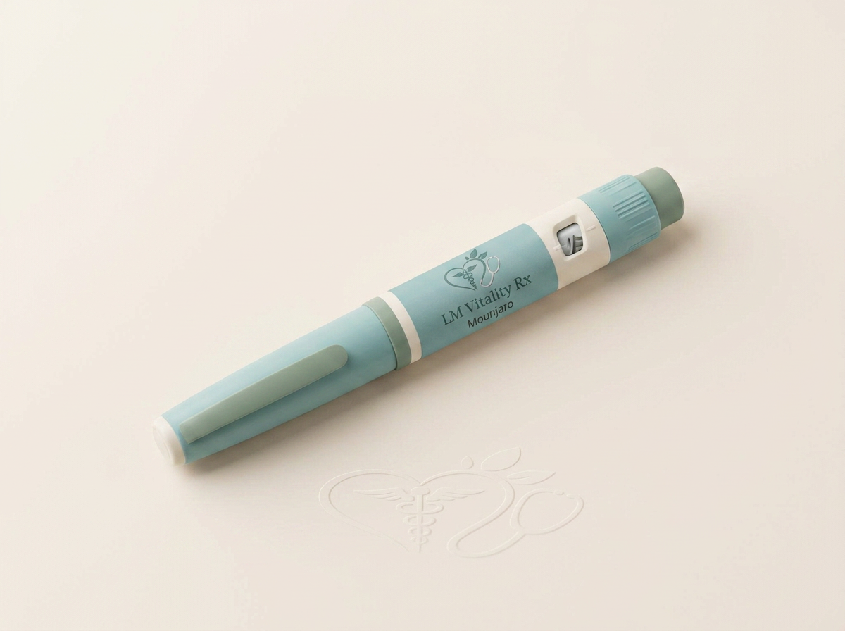 Unbranded weight-management injection pen on a warm ivory surface