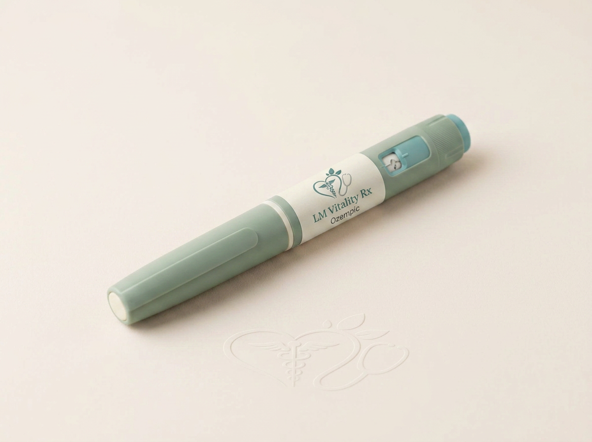 Unbranded injection pen standing upright on a soft ivory surface