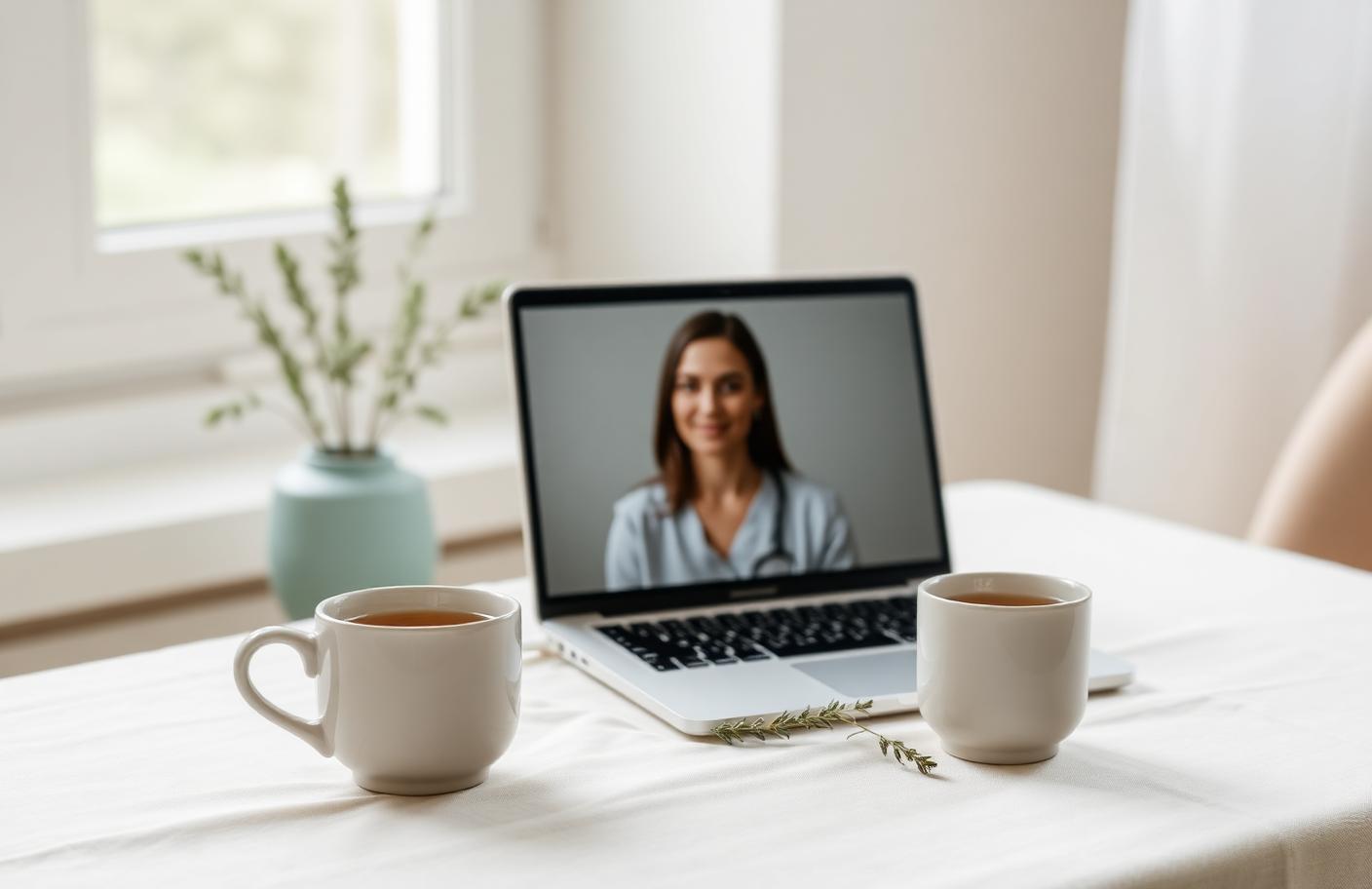 Laptop on a linen desk showing a calm virtual consultation with a nurse