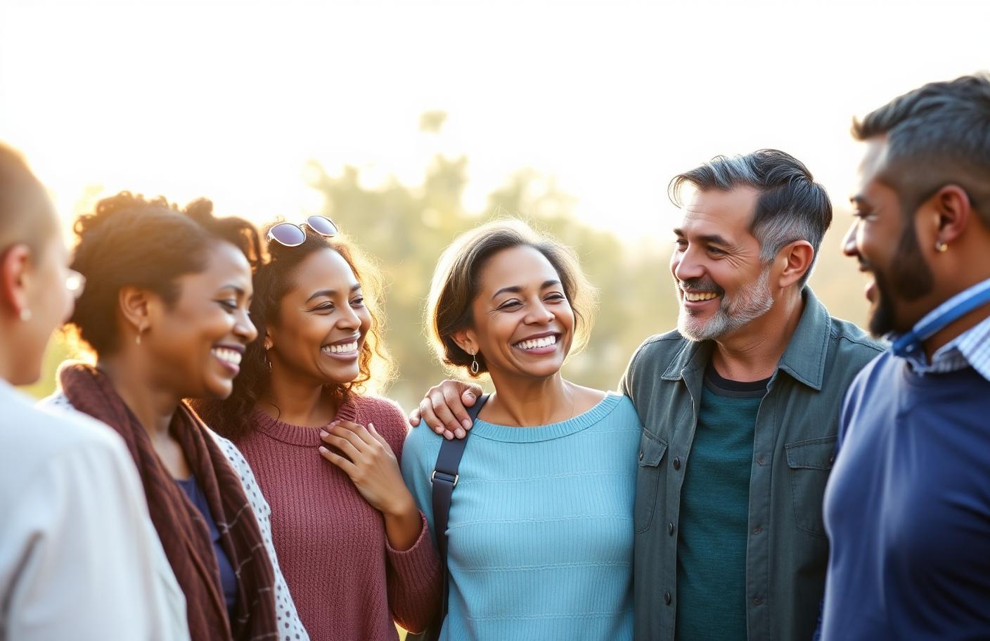 A small group of adults talking and supporting one another outdoors