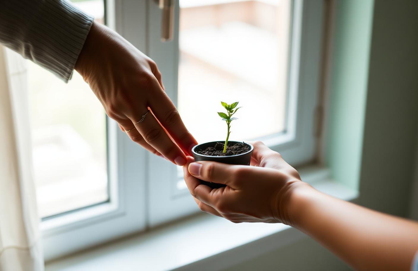 One person gently passing a small green seedling to another