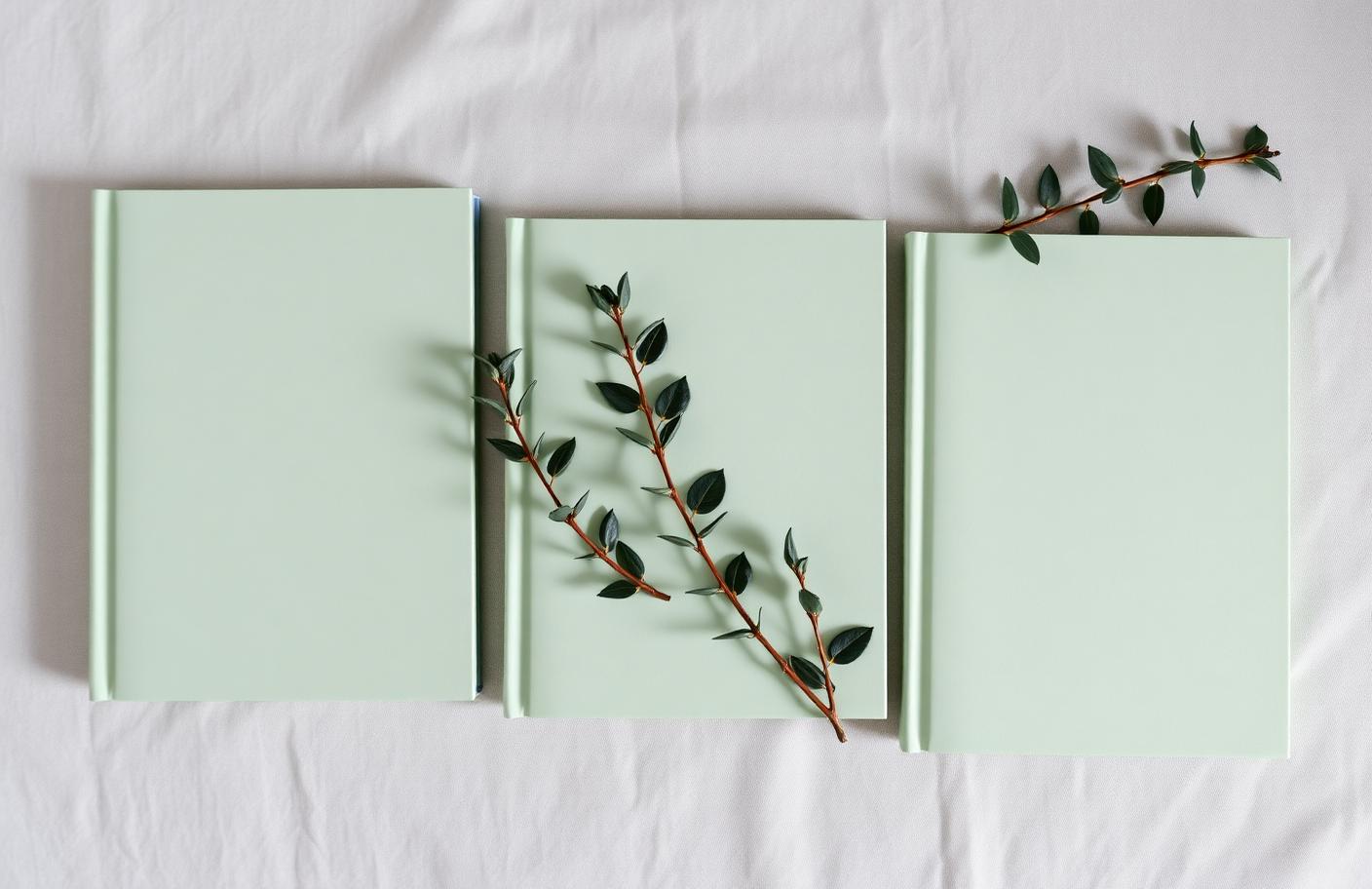 Three softly bound sage wellness guides laid out on light linen