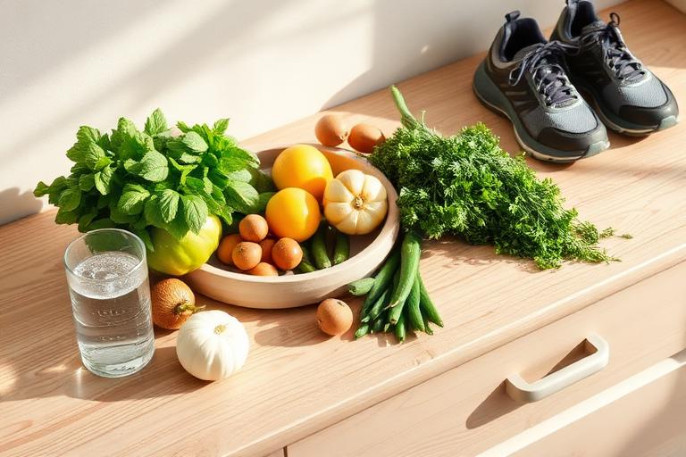 Fresh whole foods, water, and walking shoes on a light counter