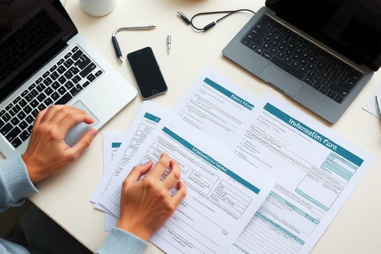 Hands organizing referral and insurance paperwork beside a laptop