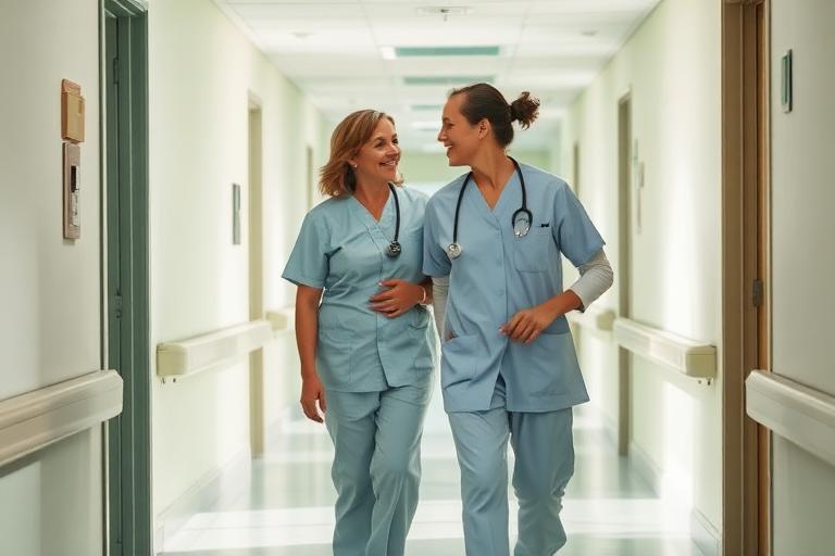 A nurse walking and talking with a client in a bright calm corridor