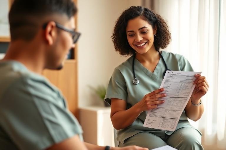 Licensed nurse explaining a lab report to a client