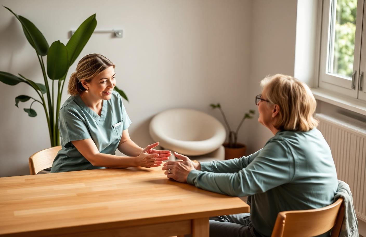A nurse listening warmly to a client during a calm first conversation