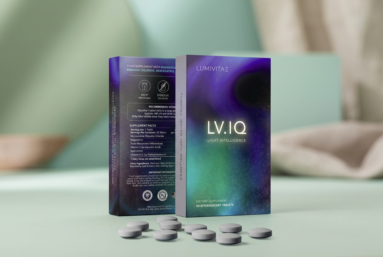 LumiVitae LV.IQ Light Intelligence effervescent tablet boxes with loose tablets on a soft sage and teal studio background