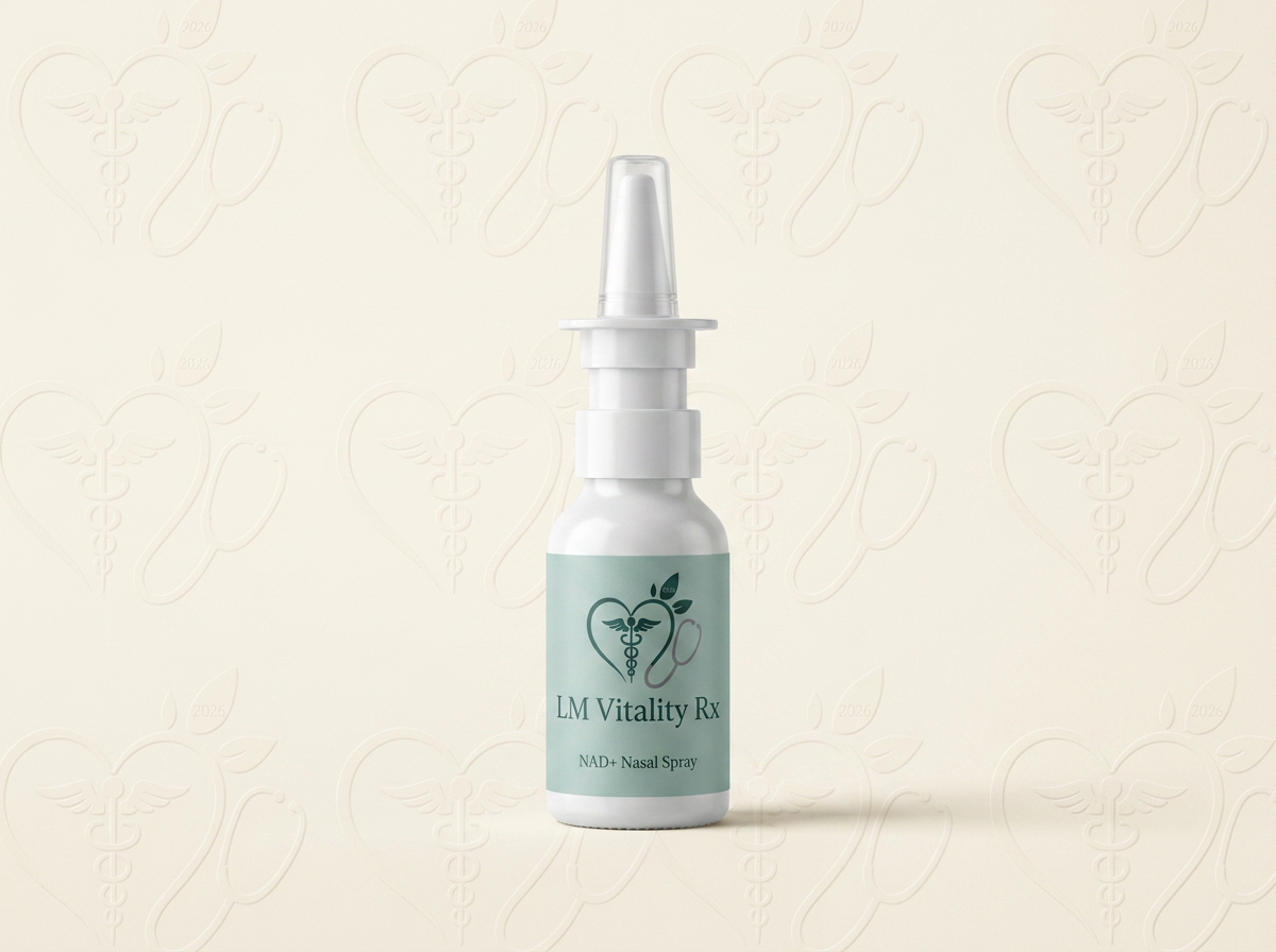 LM Vitality Rx branded NAD+ nasal spray bottle