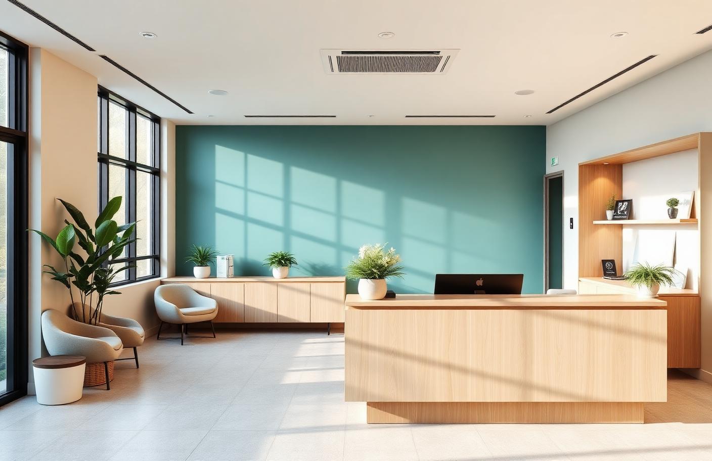 Calm, modern medical practice reception with pale oak desk and greenery
