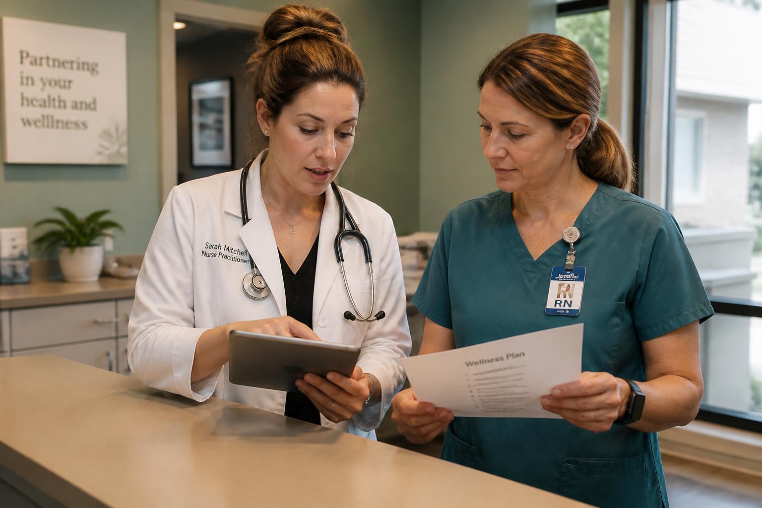Licensed nurses collaborating over a client wellness plan