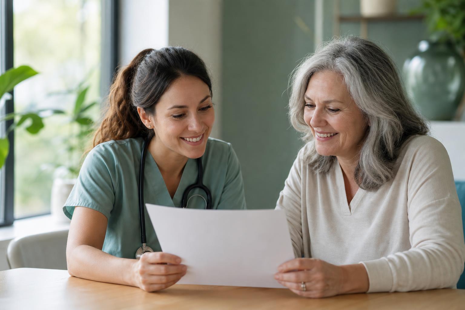 A licensed nurse reviewing a personalized wellness plan with a client across a light wood table